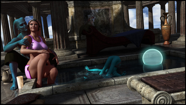 Обои картинки фото 3д графика, фантазия , fantasy, девушка, шар, бассейн, халки, фон, взгляд