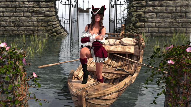 Обои картинки фото 3д графика, люди , people, лодка, пират, фон, взгляд, девушка