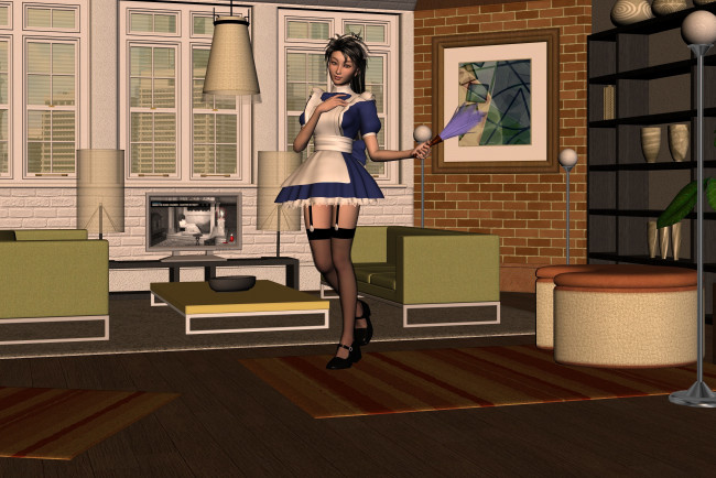 Обои картинки фото 3д графика, люди , people, гувернантка, взгляд, интерьер, фон, девушка