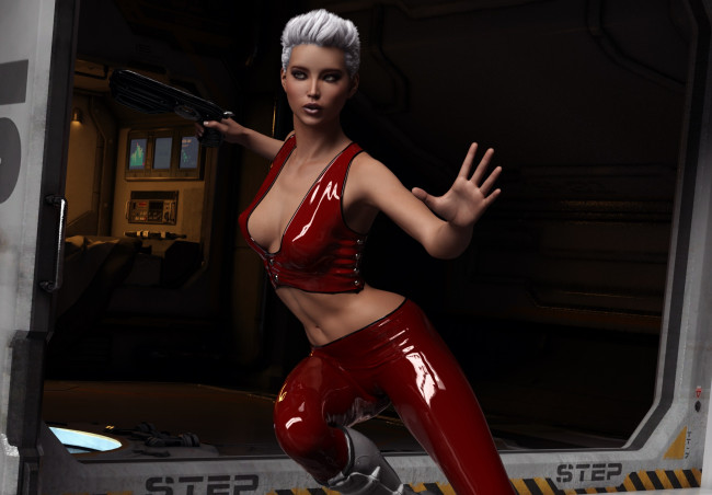 Обои картинки фото 3д графика, люди , people, оружие, фон, взгляд, девушка