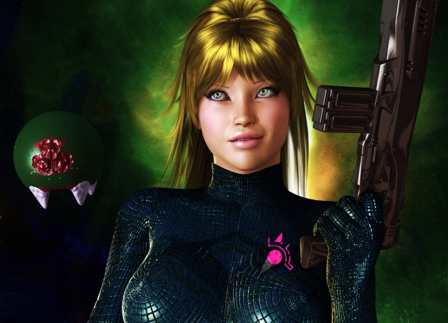 Обои картинки фото 3д графика, фантазия , fantasy, оружие, фон, взгляд, девушка