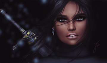 Картинка 3д+графика портрет+ portraits лицо девушка рукоятка меч фон волосы взгляд