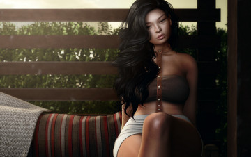 Картинка 3д+графика люди+ people лето фигура волосы сидит лицо брюнетка девушка