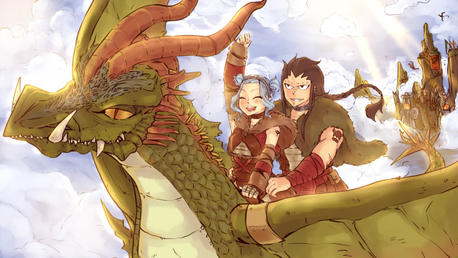 Обои картинки фото аниме, fairy tail, двое, пара, дракон