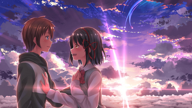 Обои картинки фото аниме, kimi no na wa, парень, фон, взгляд, девушка