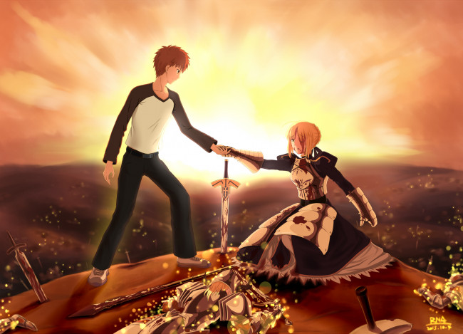 Обои картинки фото аниме, fate, stay night, артурия, широ, сейбер
