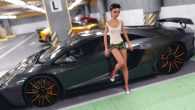 Обои картинки фото 3д графика, люди-авто, мото , people- car ,  moto, девушка, фон, взгляд