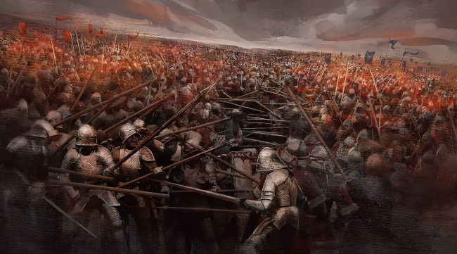 Обои картинки фото рисованное, армия, армии, рыцари, копья, бой