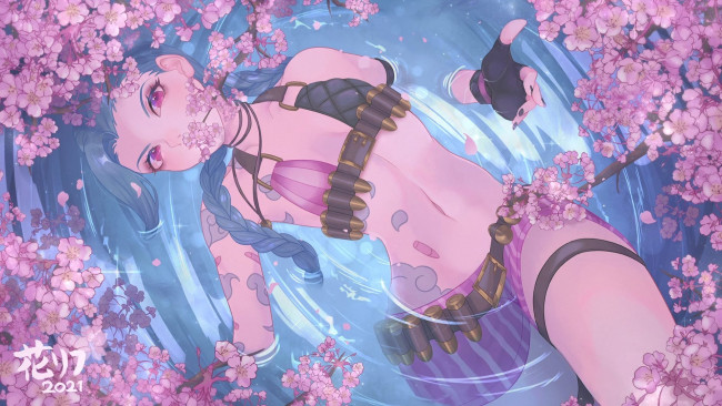 Обои картинки фото видео игры, league of legends, jinx, вода, лепестки, цветение