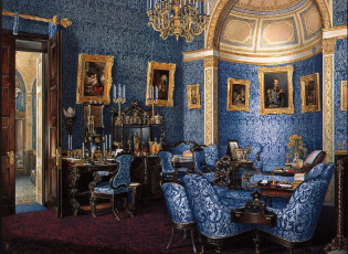 Картинка рисованное эдуард+гау дворец интерьер комната лепнина картины свечи кресла столы стулья