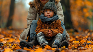 обоя разное, дети, ребенок, мама, шапка, кофта, листья, осень