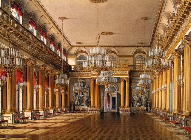 Обои картинки фото рисованное, эдуард гау, дворец, интерьер, зал, колонны, люстры, лепнина