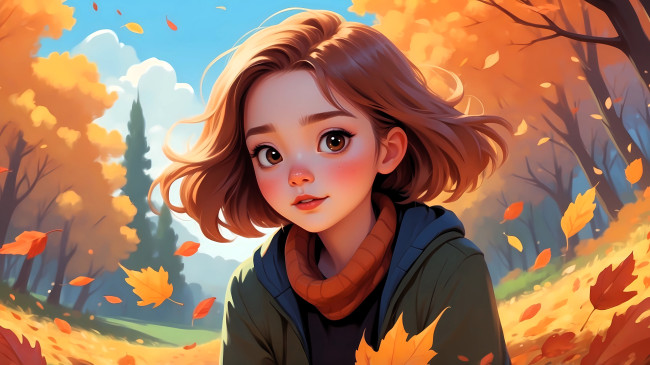 Обои картинки фото рисованное, дети, девочка, куртка, осень, лес, деревья, поляна, листья