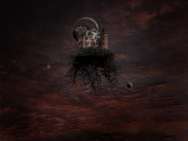 Обои картинки фото 3д, графика, fantasy, фантазия, деревья, замок, корни