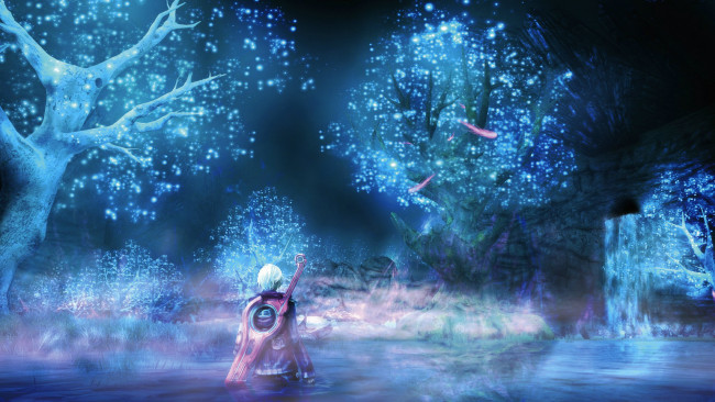 Обои картинки фото аниме, weapon, blood, technology, деревья, вода, илюминация