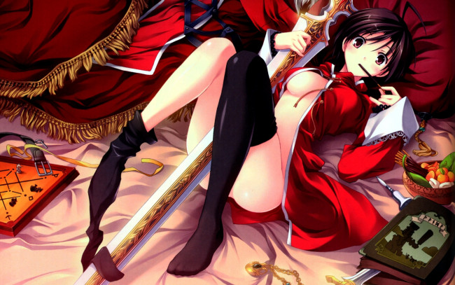 Обои картинки фото аниме, weapon, blood, technology, меч, кровать, девушка