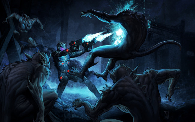 Обои картинки фото фэнтези, существа, битва, воин, чудовища