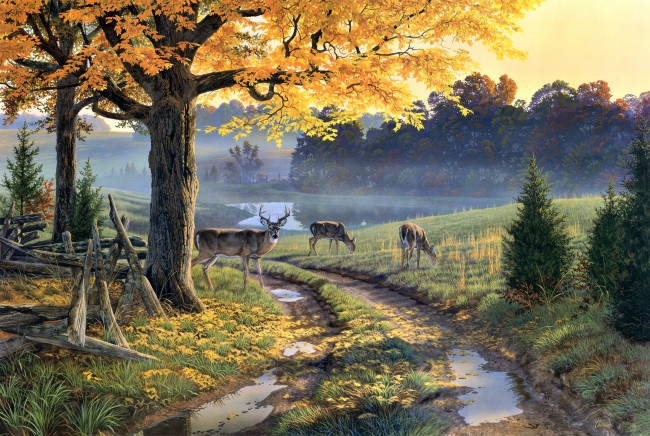 Обои картинки фото bend, in, the, road, рисованные, al, agnew, олени, дорога, осень