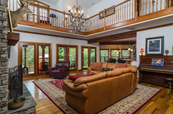 Картинка интерьер гостиная диван камин чучела