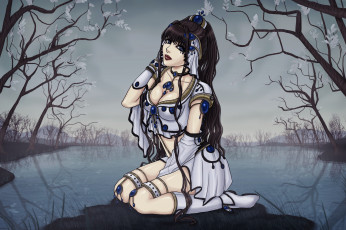 Картинка фэнтези девушки платье девушка берег вода деревья озеро