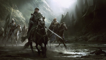 Картинка фэнтези люди рыцари замок доспехи всадники ущелье