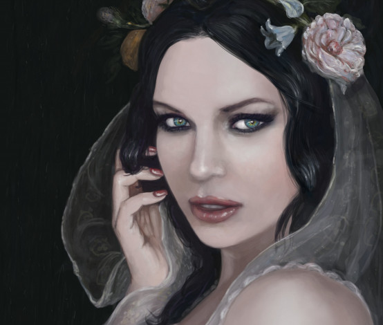 Обои картинки фото рисованные, люди, рука, взгляд, цветы, волосы, зеленые, глаза, девушка