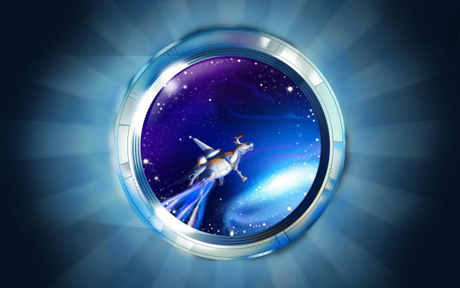 Обои картинки фото фэнтези, роботы,  киборги,  механизмы, иллюминатор, космос, звезды, корова, робот