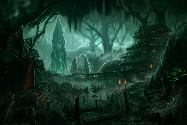 Обои картинки фото фэнтези, иные миры,  иные времена, мир, иной, лес, обелиск, жилье, поселение, пристань