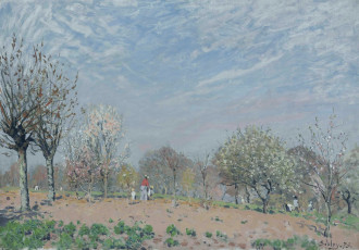 Картинка apple-trees+in+flower+louveciennes рисованное alfred+sisley люди небо цветение сад деревья весна облака