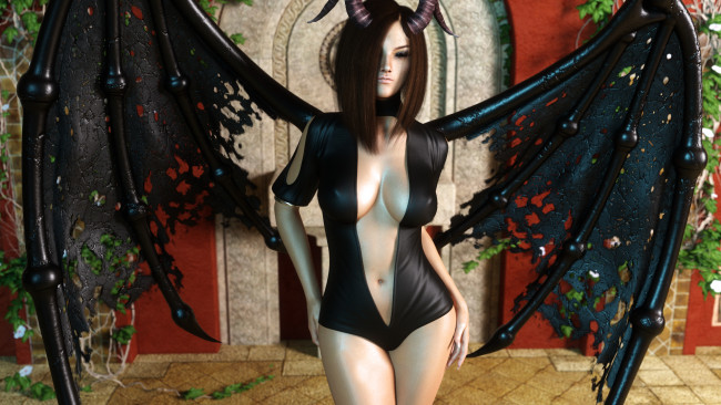 Обои картинки фото 3д графика, существа , creatures, девушка, взгляд, фон, демон