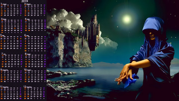 Картинка календари фэнтези замок водоем человек