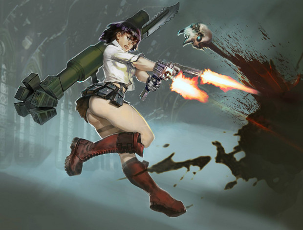 Обои картинки фото рисованное, комиксы, оружие, пистолет, фон, девушка