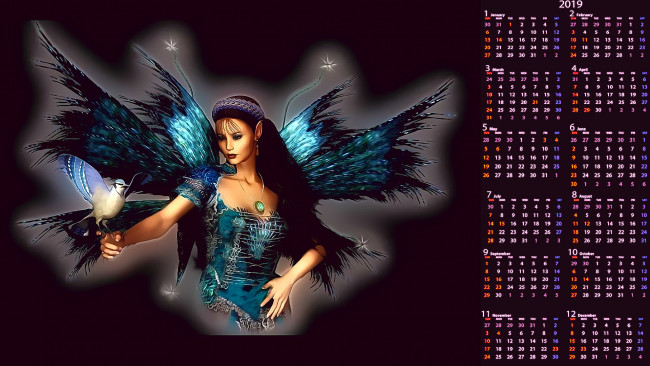 Обои картинки фото календари, фэнтези, птица, крылья, девушка