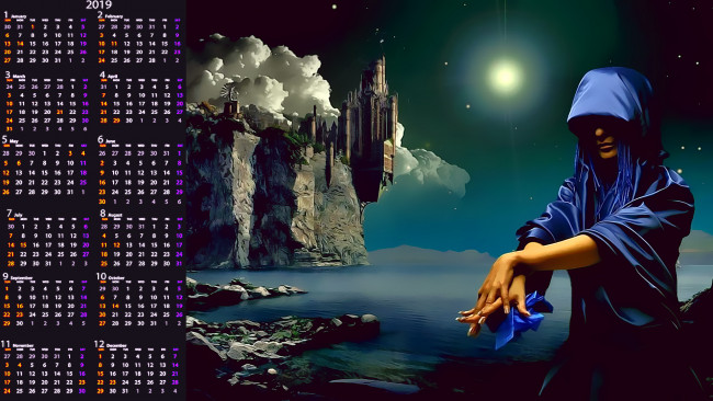 Обои картинки фото календари, фэнтези, замок, водоем, человек