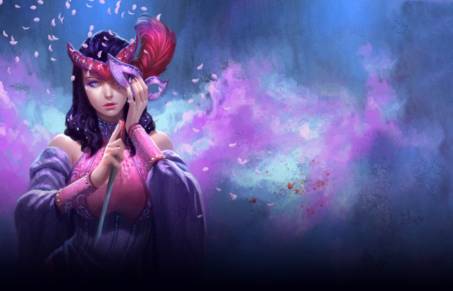 Обои картинки фото фэнтези, девушки, взгляд, девушка, фон, перья, лепестки, маска, арт