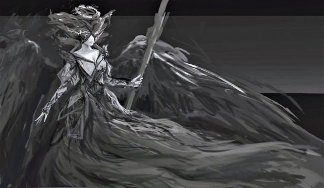 Обои картинки фото фэнтези, ангелы, девушка, крылья, посох