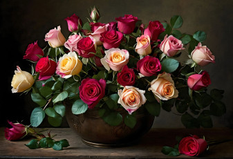 обоя рисованное, цветы, ваза, букет, розы, бутоны, разноцветные
