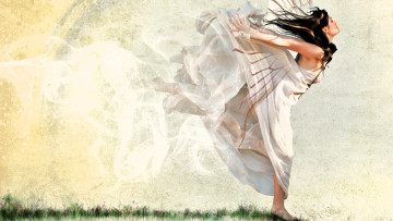 обоя рисованное, люди, девушка, платье, ветер, трава