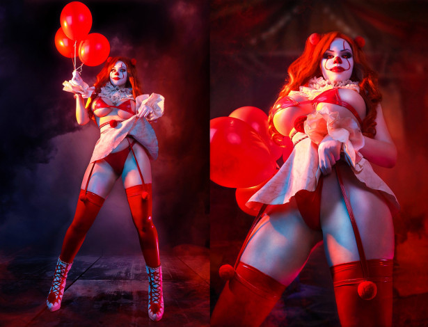 Обои картинки фото девушки, алиса арефьева, образ, косплей, наряд, костюм, клоунесса, белье, чулки, шарики, upskirt, под, юбкой, трусики, приподняла, задралась, вид, спереди, снизу