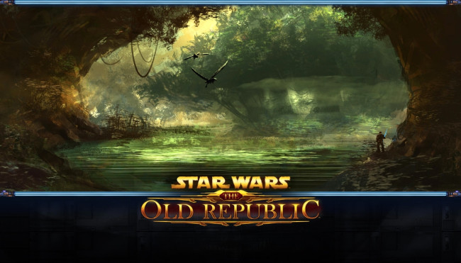 Обои картинки фото видео игры, star wars,  the old republic, человек, природа, деревья, арка, озеро, птицы