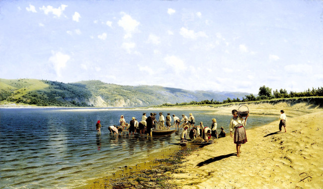 Обои картинки фото рисованное, николай сергеев, люди, река, берега, песок, лодки