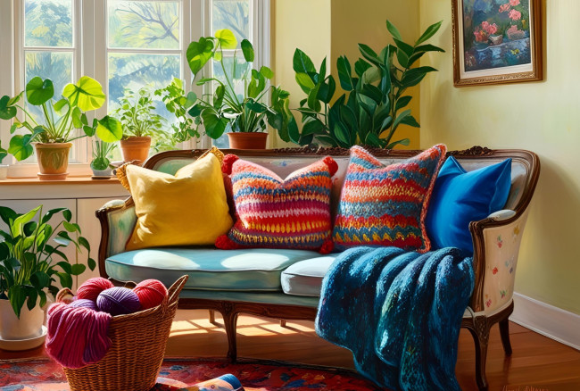 Обои картинки фото рисованное, - другое, комната, диван, подушки, корзинка, вязание