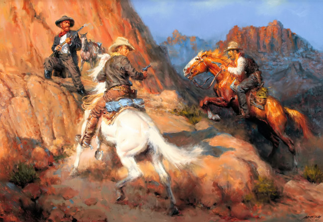 Обои картинки фото рисованное, andy thomas, всадники, ковбои, лошади, оружие, скалы