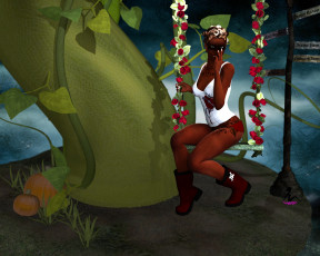 Картинка 3д графика fantasy фантазия девушка качели цветы тыква