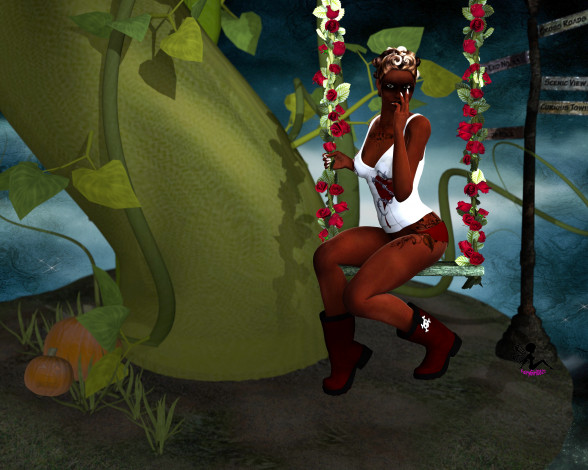 Обои картинки фото 3д, графика, fantasy, фантазия, девушка, качели, цветы, тыква