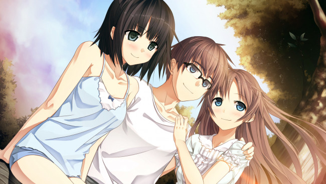 Обои картинки фото monobeno, аниме, парень, девушки