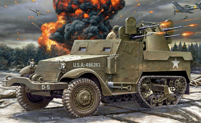 Обои картинки фото рисованные, армия, m3, half-track, personnel, carrier, американский, полугусеничный, бронетранспортёр, м16, счетверенная, зсу, пулеметы, браунинг, стрельба, самолеты, бомбы, взрывы, ww2