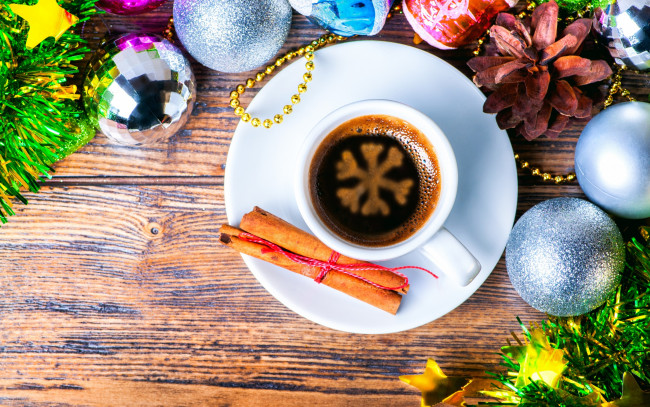 Обои картинки фото праздничные, угощения, merry, christmas, xmas, decoration, новый, год, рождество, украшения, кофе, корица, шары, снежинка