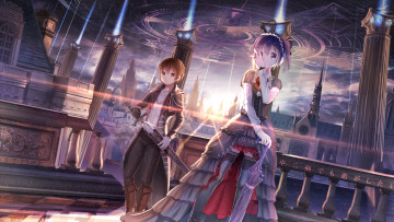 Картинка аниме chuunibyou+demo+koi+ga+shitai togashi yuuta takanashi rikka chuunibyou demo koi ga shitai искры магия зонт меч парень девушка арт red flowers