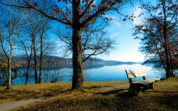 Картинка природа реки озера лавочка деревья тропинка берега река осень